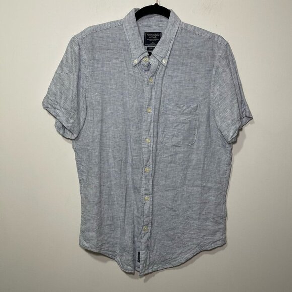 Abercombie & Fitch men blue fine striped nautical 100% linen button down shirt M - Picture 1 of 6